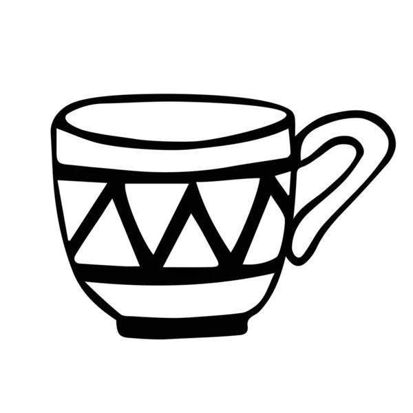 Tee- oder Kaffeebecher mit geometrischem Muster. Handgezeichnetes schwarzes Gekritzel skizziert Tischdekoration. Morgens Frühstück. Aktienvektorabbildung isoliert auf weißem Hintergrund — Stockvektor