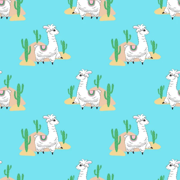 Cute fluffy llama in horsecloth seamless pattern blue background. Hand drawn white alpaca and cacti. Childish nursery decoration. Wallpaper wrapping scrapbooking paper. Stock vector illustration —  Vetores de Stock
