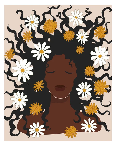 Belle femme africaine avec des fleurs de camomille dans ses cheveux lâches. Art mural Boho milieu du siècle. Brune à la peau foncée. Carte postale imprimée dessinée à la main. Vecteur de stock illustration minimale — Image vectorielle