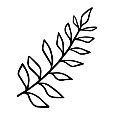 Yapraklı dal. Elle çizilmiş siyah karalama ana hatlarıyla bitki dalının silueti. Beyaz arkaplanda izole edilmiş hisse senedi vektörü minimum illüstrasyonu