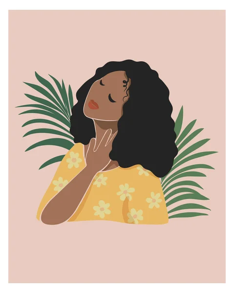 Ciemnoskóre słodkie afro portret młodej kobiety. Cute girl w żółtej sukience zamknięte oczy. Tło liści palmy. Trend boho pastelowy kolor ściana sztuka moda druk plakat. Ilustracja płaska wektora — Wektor stockowy