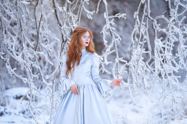 Mujer pelirroja joven, una princesa, camina en un bosque de invierno en un vestido azul. — Foto de Stock
