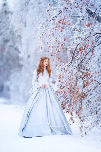 Mujer pelirroja joven, una princesa, camina en un bosque de invierno en un vestido azul. — Foto de Stock