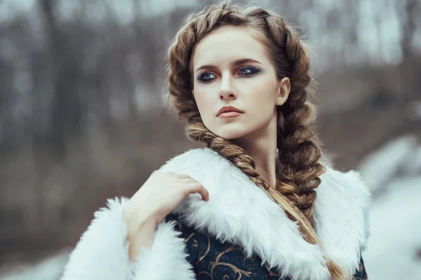 De vrouw op winter lopen met een hond — Stockfoto