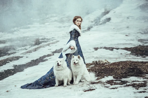 Kvinnan på vintern promenad med en hund — Stockfoto