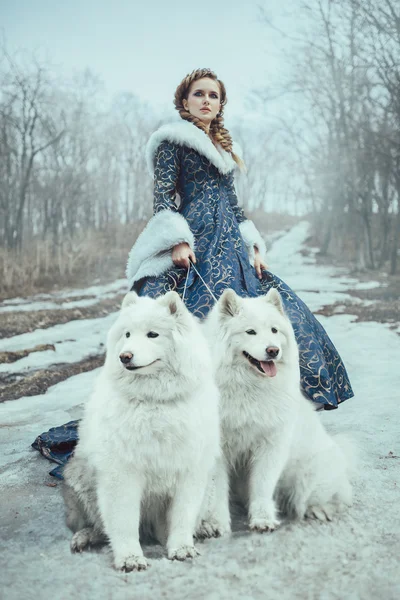 La mujer en el paseo invernal con el perro — Foto de Stock