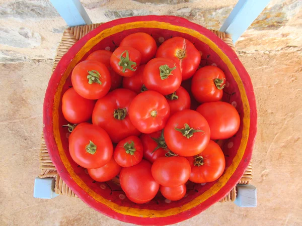 Pomodori in una ciotola rossa su una sedia blu — Foto Stock