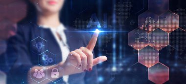 İş, teknoloji, internet ve ağ konsepti. Genç işadamı başarılı büyüme adımları üzerinde düşünüyor: AI