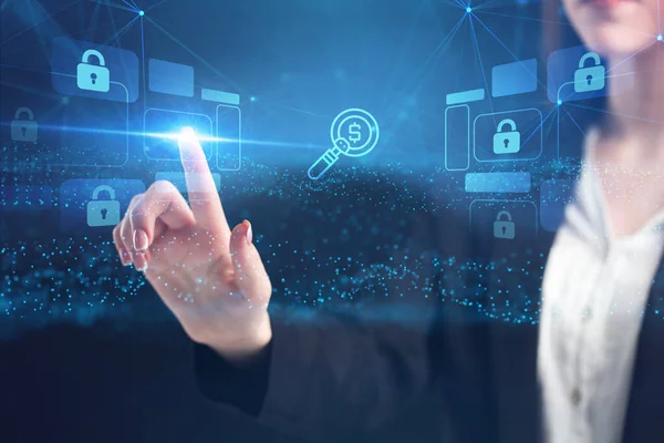 İş, Teknoloji, İnternet ve ağ konsepti. Genç işadamı geleceğin sanal ekranı üzerinde çalışıyor ve yazıyı görüyor.: 