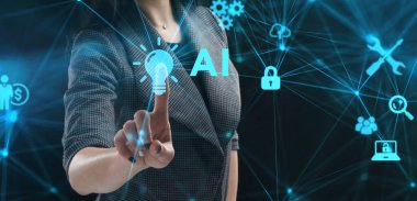 İş, teknoloji, internet ve ağ konsepti. Genç işadamı başarılı büyüme adımları üzerinde düşünüyor: AI