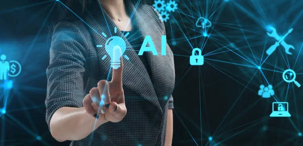 İş, teknoloji, internet ve ağ konsepti. Genç işadamı başarılı büyüme adımları üzerinde düşünüyor: AI