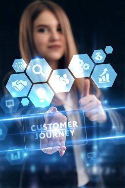 İş, Teknoloji, İnternet ve ağ konsepti. Genç işadamı geleceğin sanal ekranında çalışıyor ve yazıyı görüyor: müşteri seyahati