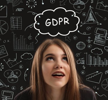 İş, teknoloji, internet ve ağ konsepti. Genç işadamı başarılı büyüme adımları üzerinde düşünüyor: GDPR