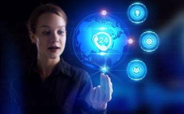 İş, Teknoloji, İnternet ve ağ konsepti. Genç işadamı geleceğin sanal ekranı üzerinde çalışıyor ve yazıyı görüyor.: 