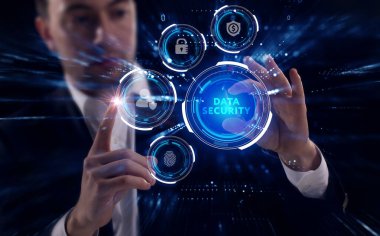 İş, Teknoloji, İnternet ve ağ konsepti. Genç işadamı geleceğin sanal ekranı üzerinde çalışıyor ve yazıyı görüyor: