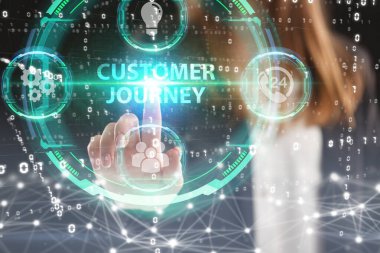 İş, Teknoloji, İnternet ve ağ konsepti. Genç işadamı geleceğin sanal ekranında çalışıyor ve yazıyı görüyor: müşteri seyahati