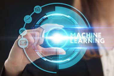 İş, Teknoloji, İnternet ve ağ konsepti. Genç işadamı geleceğin sanal ekranı üzerinde çalışıyor ve yazıyı görüyor: