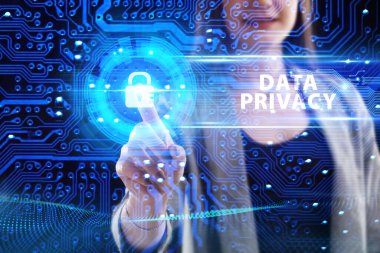 İş, Teknoloji, İnternet ve ağ konsepti. Genç işadamı geleceğin sanal ekranı üzerinde çalışıyor ve yazıyı görüyor: