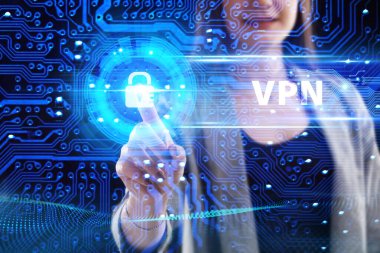 İş, Teknoloji, İnternet ve ağ konsepti. Genç işadamı geleceğin sanal ekranı üzerinde çalışıyor ve VPN yazısını görüyor.
