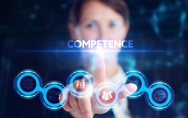 İş, Teknoloji, İnternet ve ağ konsepti. Genç işadamı geleceğin sanal ekranı üzerinde çalışıyor ve yazıyı görüyor: