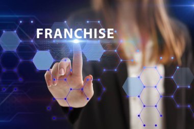 İş, Teknoloji, İnternet ve ağ konsepti. Genç işadamı geleceğin sanal ekranı üzerinde çalışıyor ve yazıyı görüyor: