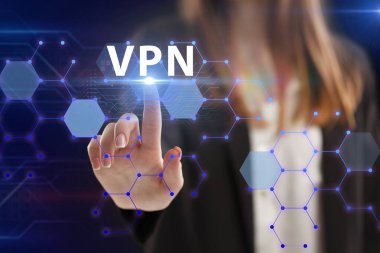 İş, Teknoloji, İnternet ve ağ konsepti. Genç işadamı geleceğin sanal ekranı üzerinde çalışıyor ve VPN yazısını görüyor.