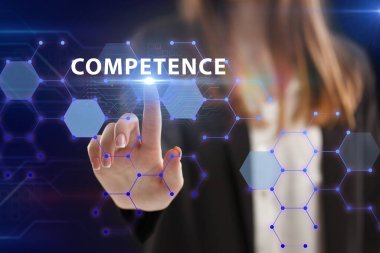 İş, Teknoloji, İnternet ve ağ konsepti. Genç işadamı geleceğin sanal ekranı üzerinde çalışıyor ve yazıyı görüyor: