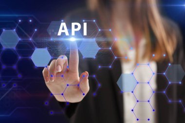 İş, Teknoloji, İnternet ve ağ konsepti. Genç işadamı geleceğin sanal ekranı üzerinde çalışıyor ve yazıyı görüyor: API