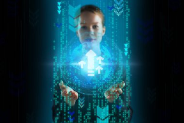 İş, Teknoloji, İnternet ve ağ konsepti. Genç işadamı geleceğin sanal ekranı üzerinde çalışıyor ve yazıyı görüyor.: 