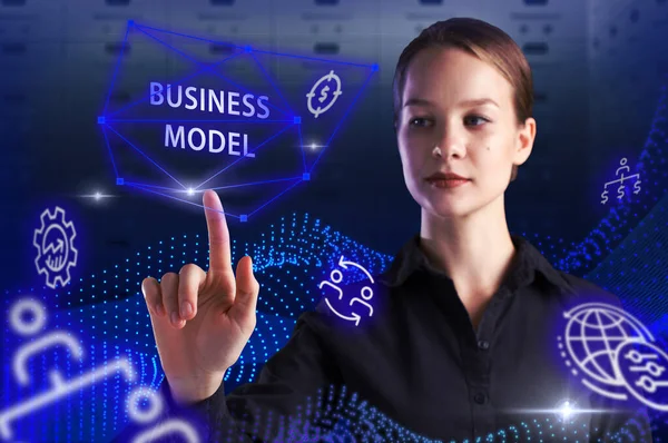 İş, Teknoloji, İnternet ve ağ konsepti. Genç işadamı geleceğin sanal ekranı üzerinde çalışıyor ve yazıyı görüyor: iş modeli