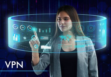 İş, Teknoloji, İnternet ve ağ konsepti. Genç işadamı geleceğin sanal ekranı üzerinde çalışıyor ve VPN yazısını görüyor.