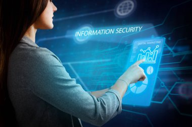 İş, Teknoloji, İnternet ve ağ konsepti. Genç işadamı geleceğin sanal ekranı üzerinde çalışıyor ve yazıyı görüyor: bilgi güvenliği