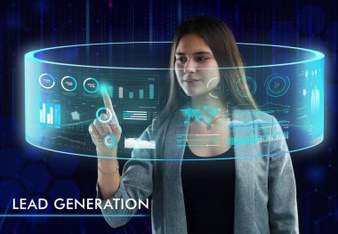 İş, Teknoloji, İnternet ve ağ konsepti. Genç işadamı geleceğin sanal ekranında çalışıyor ve yazıyı görüyor: lider nesil.