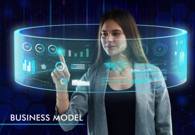 İş, Teknoloji, İnternet ve ağ konsepti. Genç işadamı geleceğin sanal ekranı üzerinde çalışıyor ve yazıyı görüyor: iş modeli