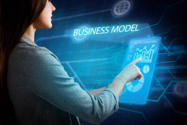 İş, Teknoloji, İnternet ve ağ konsepti. Genç işadamı geleceğin sanal ekranı üzerinde çalışıyor ve yazıyı görüyor: iş modeli