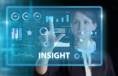 İş, Teknoloji, İnternet ve ağ konsepti. Genç işadamı geleceğin sanal bir ekranı üzerinde çalışıyor ve yazıyı görüyor: