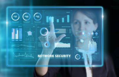 İş, Teknoloji, İnternet ve ağ konsepti. Genç işadamı geleceğin sanal ekranı üzerinde çalışıyor ve yazıyı görüyor: ağ güvenliği