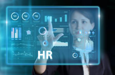 İş, Teknoloji, İnternet ve ağ konsepti. Genç işadamı geleceğin sanal ekranı üzerinde çalışıyor ve yazıyı görüyor: