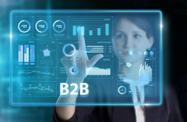 İş, Teknoloji, İnternet ve ağ konsepti. Genç işadamı geleceğin sanal ekranı üzerinde çalışıyor ve B2B yazısını görüyor.