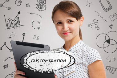 İş, Teknoloji, İnternet ve ağ konsepti. Genç işadamı geleceğin sanal ekranı üzerinde çalışıyor ve yazıyı görüyor: özelleştirme