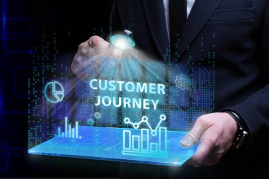 İş, Teknoloji, İnternet ve ağ konsepti. Genç işadamı geleceğin sanal ekranında çalışıyor ve yazıyı görüyor: müşteri seyahati