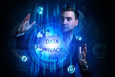 İş, Teknoloji, İnternet ve ağ konsepti. Genç işadamı geleceğin sanal ekranı üzerinde çalışıyor ve yazıyı görüyor: