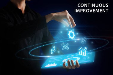 İş, Teknoloji, İnternet ve ağ konsepti. Genç işadamı geleceğin sanal ekranı üzerinde çalışıyor ve yazıyı görüyor: sürekli gelişme