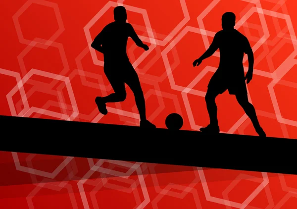Fußballer Männersilhouetten mit Ball in aktiver und gesunder Form — Stockvektor