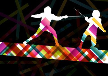 Fencing sport young and active men and women silhouettes in abst