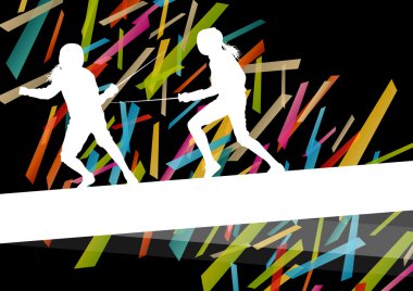 Fencing sport young and active men and women silhouettes in abst