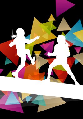 Fencing sport young and active men and women silhouettes in abst