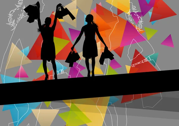 Frauensilhouetten mit Einkaufstaschen im aktiven abstrakten Hintergrund — Stockvektor