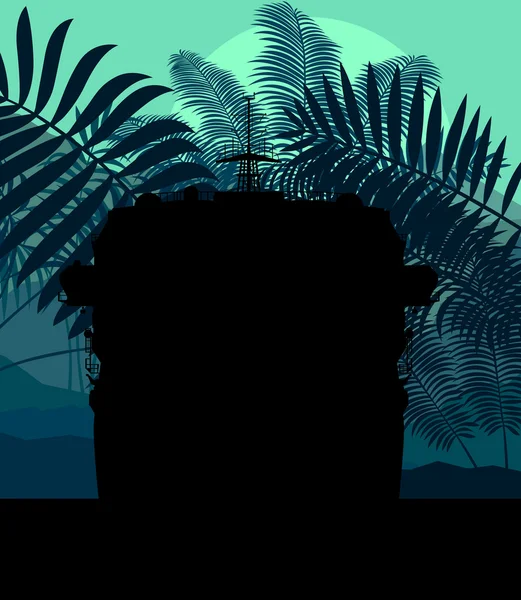 Bateau de croisière et palmier vecteur arrière-plan illustration nature — Image vectorielle