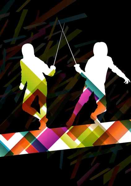 Fencing sport young and active men and women silhouettes in abst — Stock Vector